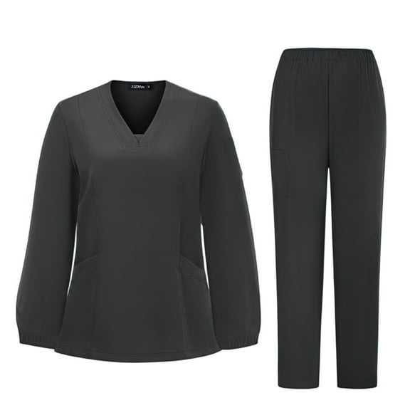 HAJWOH Scrubs Sets for Women Stretchy Nursing Uniform Short Sleeve V Neck Scrub Top & Jogger Pant Solid Color Medical Scrub Sets with Multi Pockets Black XL