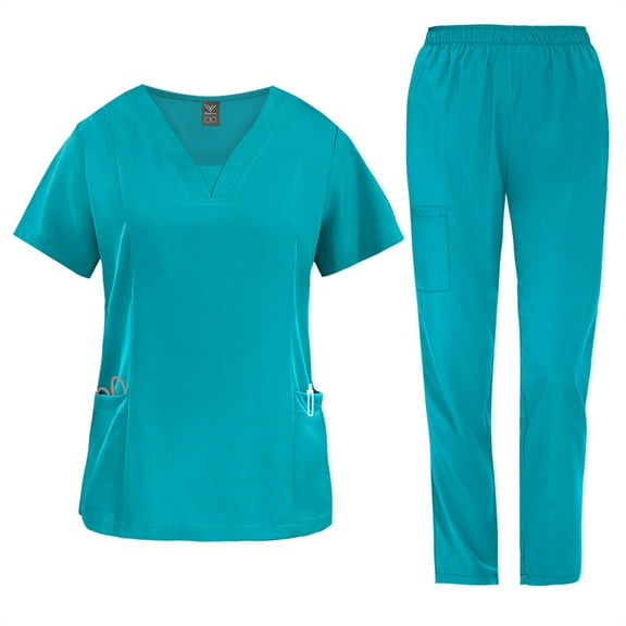 HAJWOH Scrubs Sets for Women Stretchy Nurse Uniform Short Sleeve V Neck Scrub Top & Pants Solid Color Medical Scrub Sets with Multi Pocket Blue XXL