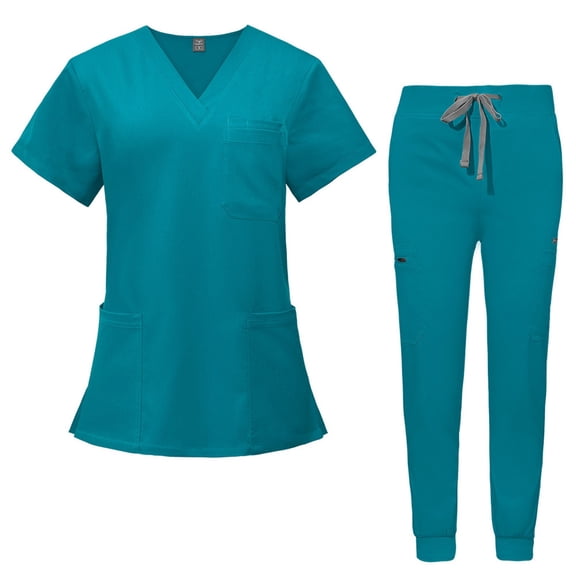 HAJWOH Scrubs Sets for Women Stretchy Nurse Uniform Short Sleeve V-Neck Scrub Top & Pants Solid Color Scrubs Sets with Multi Pockets Sky Blue XXL
