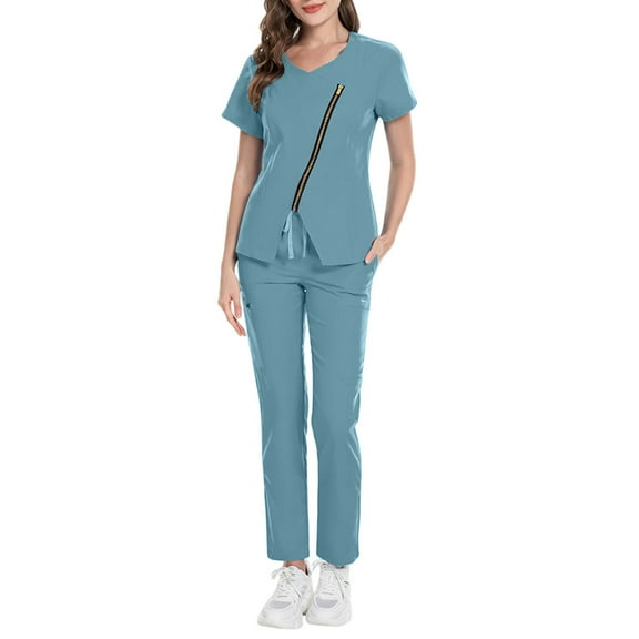 HAJWOH Scrubs Sets for Women Stretchy Nursing Uniform Short Sleeve V-Neck Scrub Top & Pants Solid Color Scrubs Sets with Multi Pocket Light Blue XS