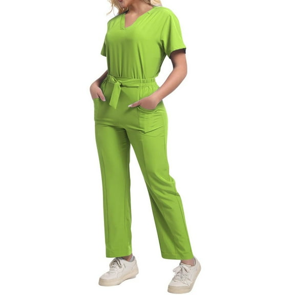 HAJWOH Scrubs for Women Set S Stretchy Nurse Uniform Short Sleeve V-Neck Scrub & Yoga Jogger Pants Solid Color Scrub Suit with Multi Pocket Fluorescent Green S