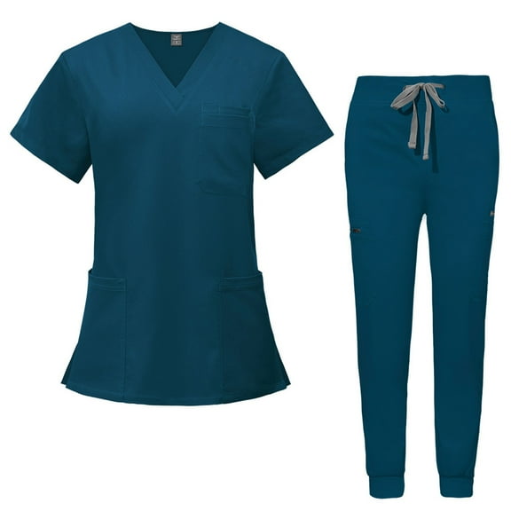 HAJWOH Scrubs for Women Set Size1 Stretchy Nursing Uniform Short Sleeve V Neck Scrub Top & Yoga Jogger Pants Solid Color Scrub Suit with Multi Pocket Blue L