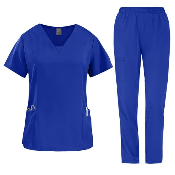 HAJWOH Scrubs for Women Set Stretchy Nursing Uniform Short Sleeve V Neck Scrub Top & Jogger Pant Solid Color Scrub Suit with Multi Pocket Royal Blue XXL