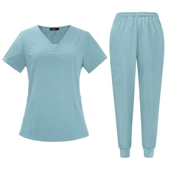 HAJWOH Scrubs for Women Set XXL Stretchy Nurse Uniform Short Sleeve V-Neck Scrub Top & Yoga Jogger Pants Solid Color Scrubs Sets with Multi Pocket Light Blue XXL