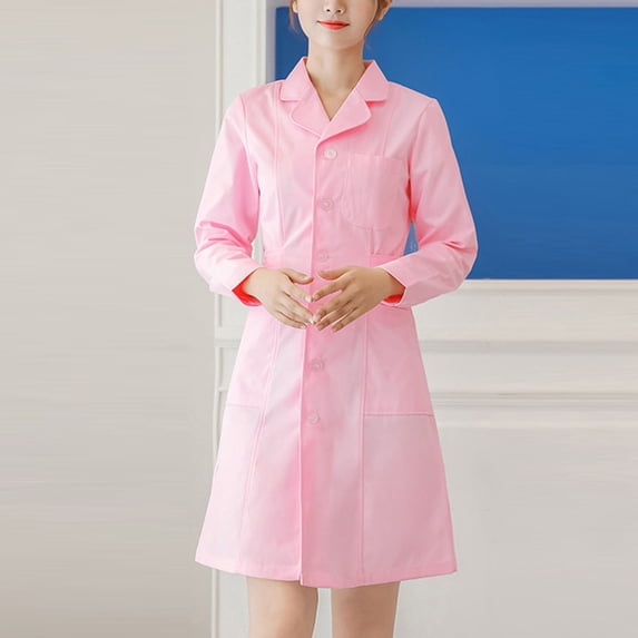 HAJWOH Scrubs for Women Dress Formal Lapel Neck Long Sleeve Button Work Dress Stretchy Comfort Scrubs Pink XXL