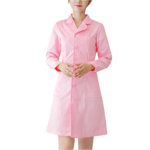 HAJWOH Scrubs for Women Dress Lapel Neck Long Sleeve Button Work Dress Stretchy Comfortable Workwear Pink M