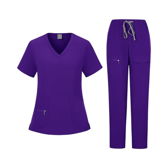 HAJWOH Scrubs for Women Set Size1 Stretchy Nursing Uniform Short Sleeve V Neck Scrub & Pants Solid Color Scrub Suit with Multi Pocket Dark Purple XL