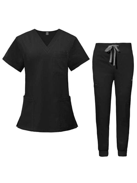 Scrubs for Women Set Stretchy Nurse Uniform Short Sleeve V-Neck Scrub Top & Jogger Pants Solid Color Scrubs Sets with Multi Pocket Black L
