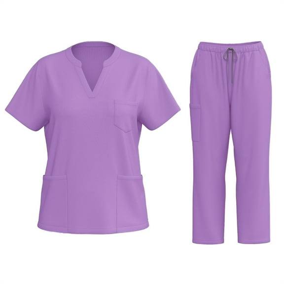 HAJWOH Scrubs for Women Set Stretchy Nurse Uniform Short Sleeve V-Neck Scrub & Yoga Jogger Pants Solid Color Scrub Suit with Multi Pockets Purple XXL