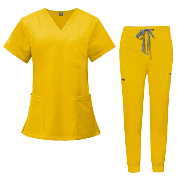 HAJWOH Scrubs for Women Set Stretchy Nursing Uniform Short Sleeve V Neck Scrub & Jogger Pant Solid Color Scrub Suit with Multi Pockets Yellow XL