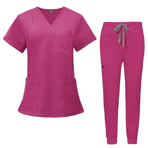 HAJWOH Scrubs for Women Set Stretchy Nursing Uniform Short Sleeve V-Neck Scrub Top & Jogger Pants Solid Color Scrub Suit with Multi Pocket Hot Pink S