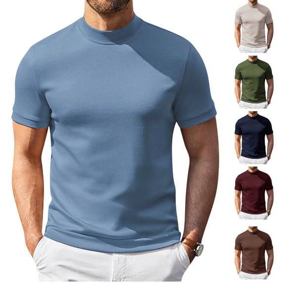 HAJWOH Shirts for Men Stretch Short Sleeve Turtleneck Tops Breathable Bightweight Comfort Tshirts Slim Fit T-shirts Casual Basic Top