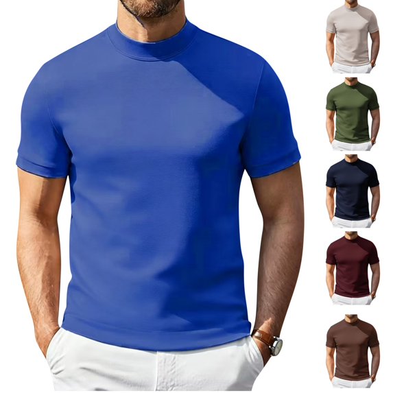 HAJWOH Shirts for Men Stretch Short Sleeve Turtleneck Tops Breathable Bightweight Comfort Tshirts Slim Fit T-shirts Casual Basic Top