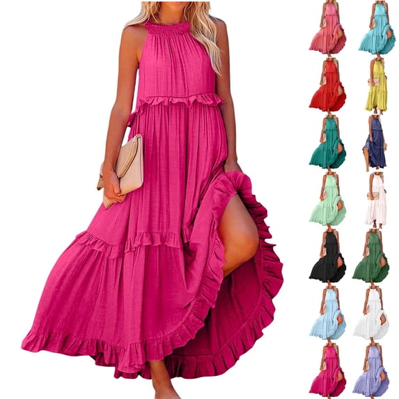 HAJWOH Smocked Dress Women Summer Sleeveless Tank Sundress Halter Tie Back Loose Flowy Ruffle Maxi Dresses with Pockets