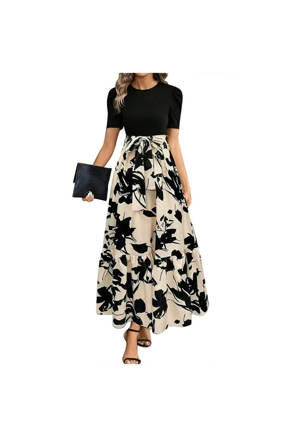 Spring Church Dresses for Women 2025 M Vestidos Elegantes Flowy Puff Sleeve Long Dresses Casual Church Dresses Business Boho Dresses with Belt Beige M