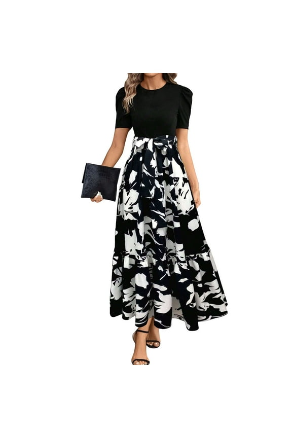 Spring Formal Dresses for Women 2025 Puff Sleeve Flowy Floral Wedding Guest Dresses Casual Long Dresses with Belt Elegant Fashion Boho Dresses Black XL