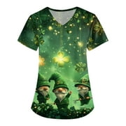 HAJWOH St Patricks Day Scrub Tops Women L Short Sleeve Nurse Uniforms Funny Irish Shamrock Graphic Vneck Nursing Shirt Causal Loose Fit Scrub Tops Green L