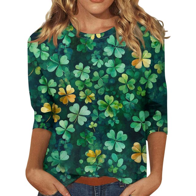 HAJWOH St Patricks Day Shirt Women Lucky Shamrock Print 3/4 Sleeve Tops