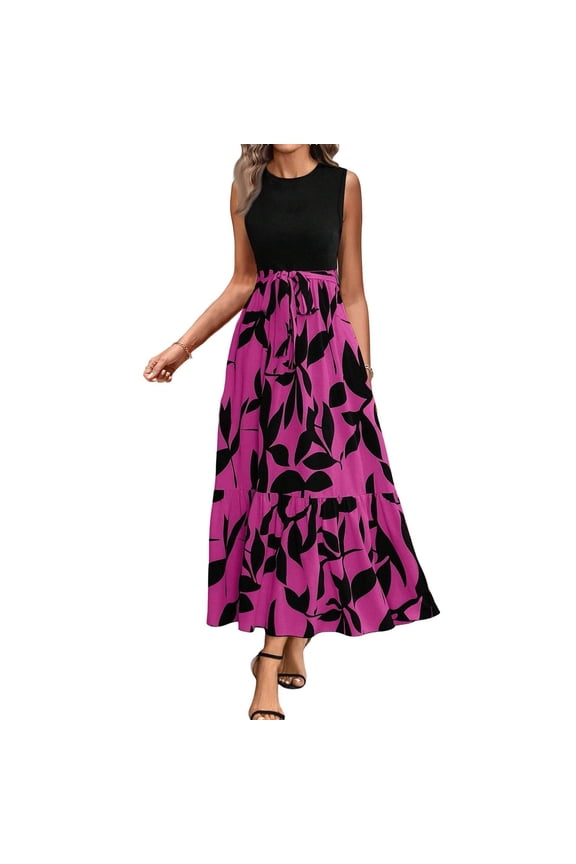 Summer Church Dresses for Women 2026 Elegant Sleeveless Summer Dresses with Belt Flowy Long Dresses Casual Y2k Boho Dresses Pink XL