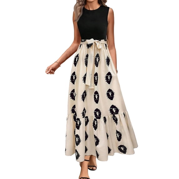 HAJWOH Summer Church Dresses for Women 2026 S Elegantes Flowy Sleeveless Maxi Dresses Casual Church Dresses Trendy Cotton Dresses with Belt Beige S