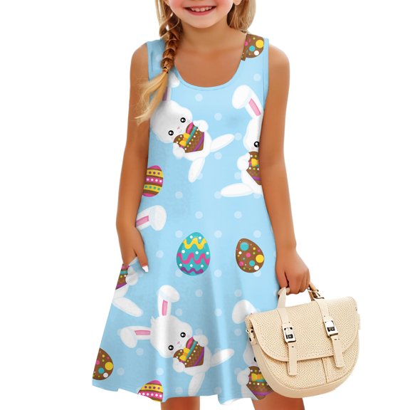HAJWOH Summer Dresses for Girls Sleeveless Easter Dress Cute Bunny Rabbit Egg Graphic Midi Dresses Comfy Princess Dress Sky Blue 9-10 Years