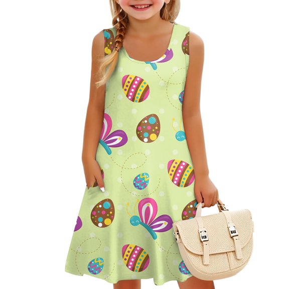 HAJWOH Summer Dresses for Girls Sleeveless Easter Dresses Funny Bunny Rabbit Egg Graphic Summer Spring Dress Soft Princess Dress Sky Blue 4-5 Years