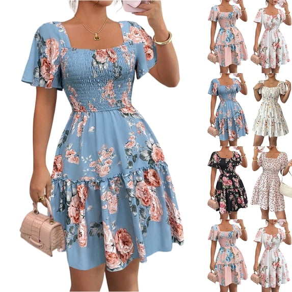 HAJWOH Summer Dresses for Women Vacation Smocked Square Neck Floral Mini Dress Short Sleeve Ruffle Peasant Sundress