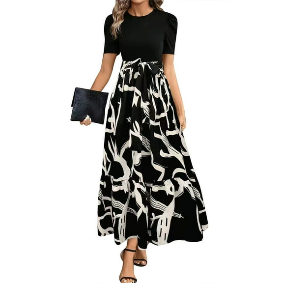 HAJWOH Summer Dresses for Women Elegant Puff Sleeve Flowy Church Floral Dress Casual Long Dresses with Belt Y2k Sundresses Black XXL