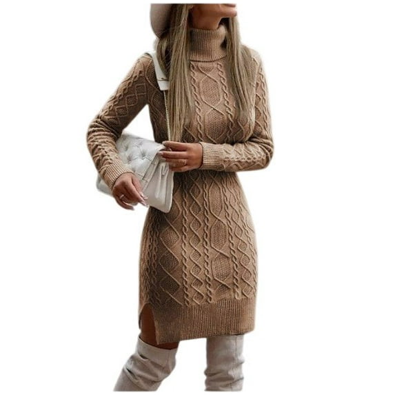 HAJWOH Sweater Dress for Women 2025 Fall Long Sleeve Ribbed Knit Pullover Dresses Turtleneck Bodycon Casual Long Fall Sweaters Dresses Camel S