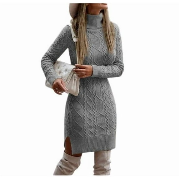 HAJWOH Sweater Dresses for Women 2025 Fall Long Sleeve Knit Pullover Dress Turtleneck Bodycon Trendy Fall Long Sweaters Dresses Gray XL