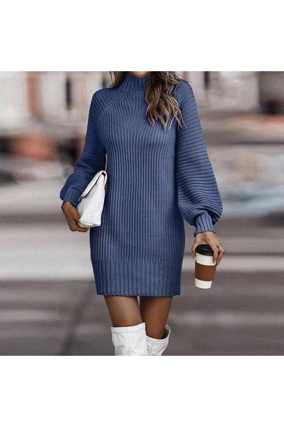 Sweater Dresses for Women 2025 Fall Winter Long Sleeve Knit Pullover Dress Turtleneck Bodycon Trendy Fall Mini Sweaters Dresses Blue L