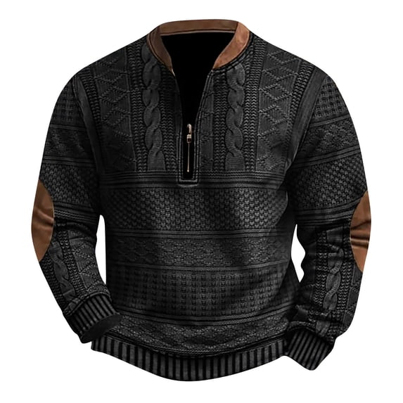 HAJWOH Sweater for Men Retro 1/4 Zip Pullover Big and Tall Long Sleeve Knit Print Golf Polo Sweatshirt Oversized Stand Collar Shirt with Elbow Patches Black 3XL