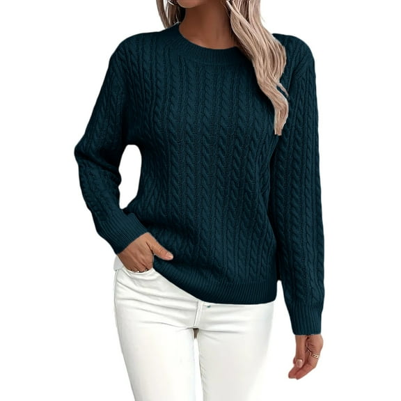 HAJWOH Sweaters for Women 2025 Fall Long Sleeve Pullover Crewneck Ribbed Knit Sweaters Basic Clothing Navy XL