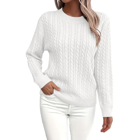 HAJWOH Sweaters for Women 2025 Fall Long Sleeve Pullover Crewneck Ribbed Knit Sweaters Fashion Shirts White XXL