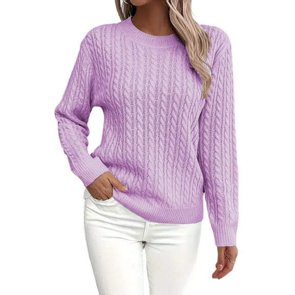 HAJWOH Sweaters for Women 2025 Fall Long Sleeve Pullover Round Neck Ribbed Knit Sweater Soft Clothes Light Purple M