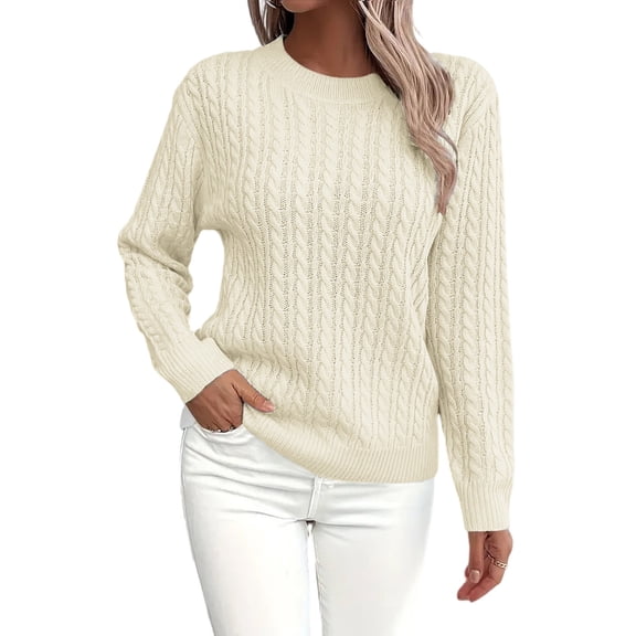 HAJWOH Sweaters for Women 2025 Fall Long Sleeve Pullover Top Round Neck Ribbed Knit Sweater Casual Clothes Beige M