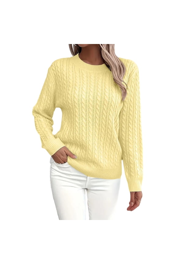 Sweaters for Women Fall Winter Long Sleeve Pullover Round Neck Ribbed Knit Sweater Trendy Clothing Yellow M