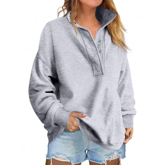 HAJWOH Sweatshirts for Women Quarter Button Up Henley V Neck Pullover Oversized Casual Long Sleeve Sweatshirt Fall Winter Lightweight Clothes Light Gray L