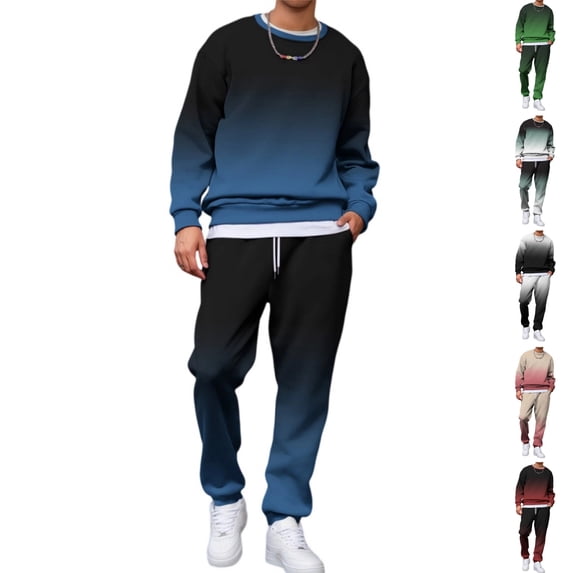 HAJWOH Sweatsuits for Mens Gradient Casual Crewneck Sweatshirt and Jogger Pants Set Fall Winter Athletic Fashion Long Sleeves Sweat Suits