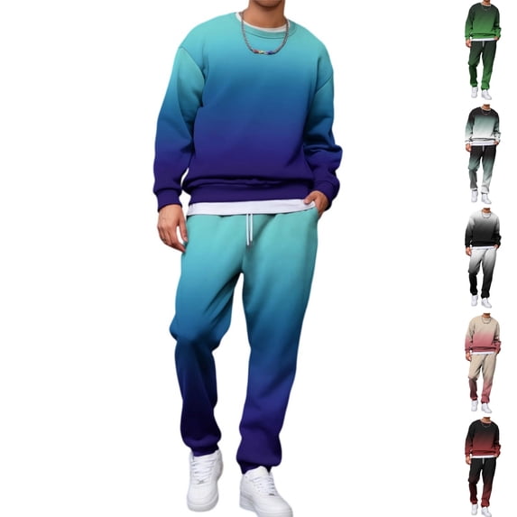 HAJWOH Sweatsuits for Mens Gradient Casual Crewneck Sweatshirt and Jogger Pants Set Fall Winter Athletic Fashion Long Sleeves Sweat Suits