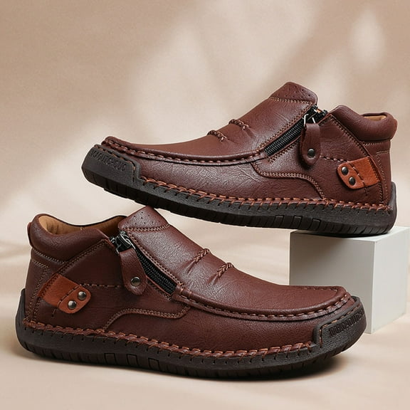 HAJWOH The First Young Shoes Men, Men’S Handmade Premium Leather Slip-On Driving Boots Travel & Outdoor Brown US-11(EU-47)