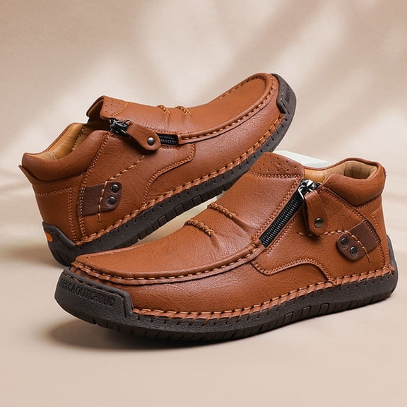 HAJWOH The First Young Shoes Men, Men’S Handmade Premium Leather Slip-On Driving Boots Travel & Outdoor Light Brown US-11(EU-47)