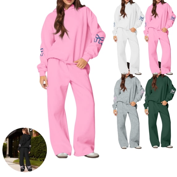 HAJWOH Two Piece Outfits Bow Graphic Print Hoodie Sweatpants Set Oversized Sweatshirt and High Waist Sweatpants Tracksuit