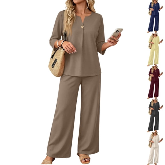 HAJWOH Two Piece Sets for Women 3/4 Length Sleeve Lounge Sets Vacation Travel Outfits Fashion Clothing