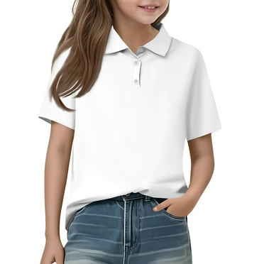 HAJWOH White Junior Girls Uniform Tops Short Sleeve Uniform Top Casual Button Down T-Shirt 2025 Spring New Collared Polo Shirts Comfy Blouse White 9-10 Years