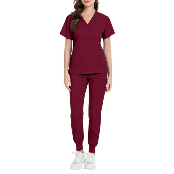 HAJWOH Wine Scrubs Sets for Women Stretchy Nursing Uniform Short Sleeve V-Neck Scrub Top & Pants Solid Color Scrub Suit with Multi Pocket Wine XS