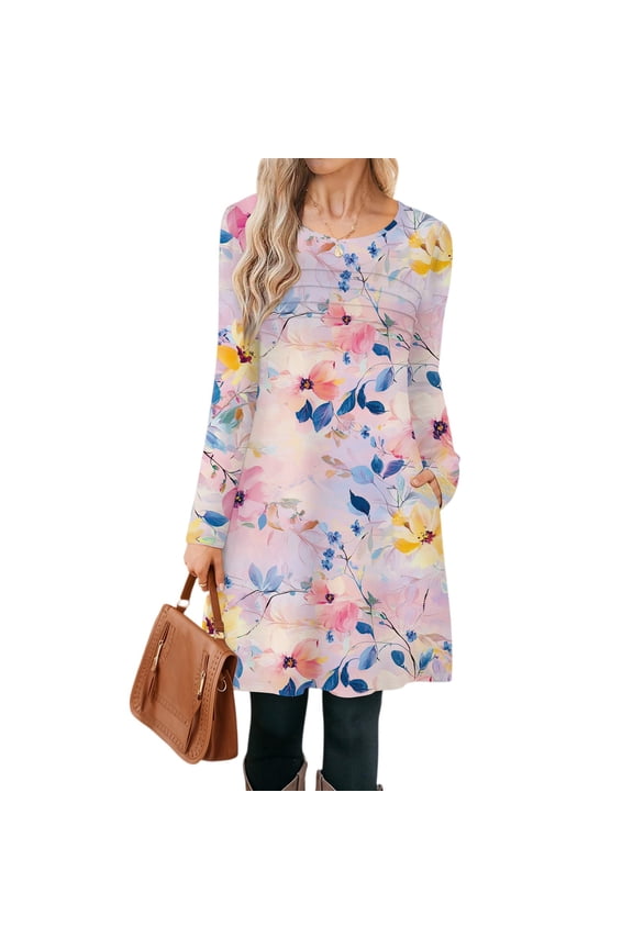 Winter Dresses for Women 2025 Long Sleeve Casual Crew Neck Flowy A-Line Boho Midi Party Dress with Pockets Hot Pink XL