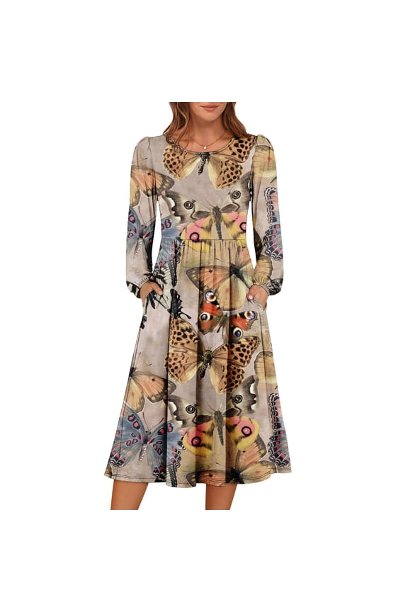 Winter Dresses for Women 2025 Long Sleeve Trendy A-Line Flowy Boho Midi Party Long Dress with Pockets Earthy Yellow XXL