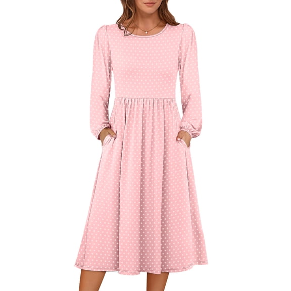 HAJWOH Winter Dresses for Women 2025 Puff Long Sleeve Casual Boho Flowy A-Line Midi Party Long Dress with Pockets Pink S