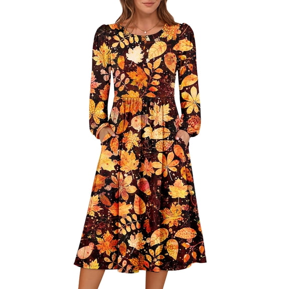 HAJWOH Winter Dresses for Women 2025 Puff Long Sleeve Trendy Flowy A-Line Boho Midi Party Long Dress with Pockets Saffron XL